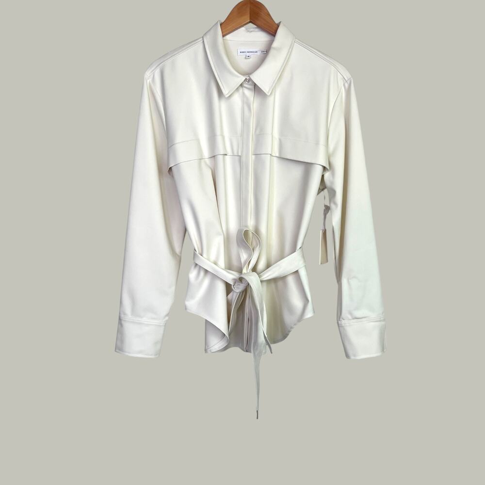 Good American Safari Shirt Top Waist Tie in Ivory Minimalist Chic Button Up Sz 4